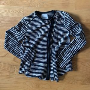 Aves Les Filles -asymmetric jacket with faux leather trim on zipper w/ raw edges